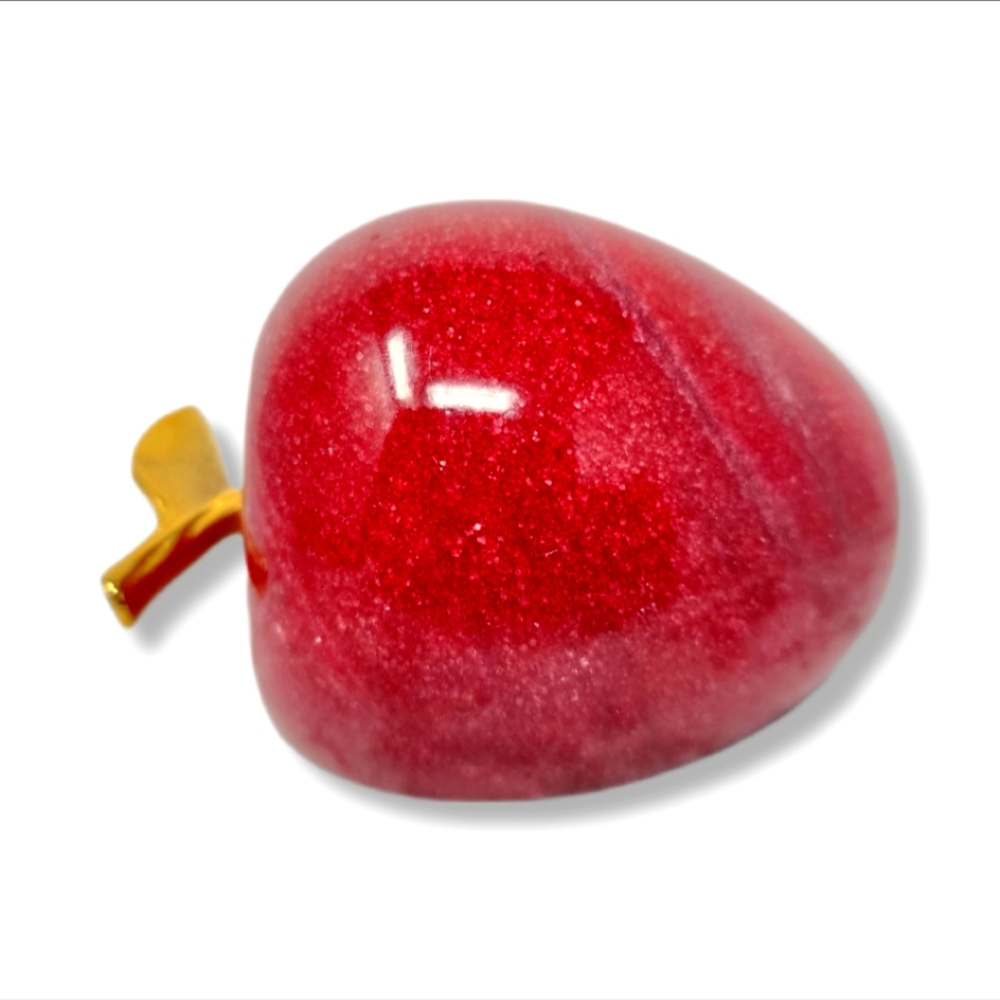 Red Apple Shaped Polished Stone Paperweight with Gold Stem